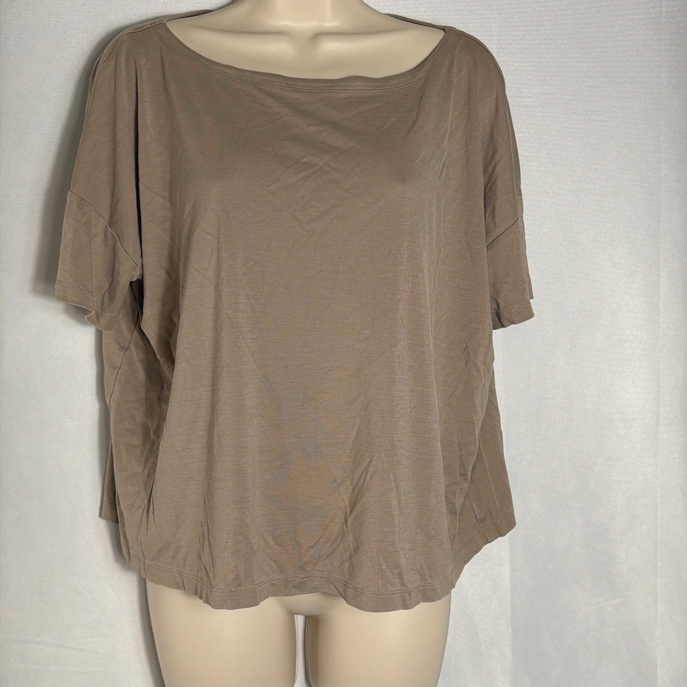 Eileen Fisher Top Tencel Lyocell M Boxy Boat Neck Short Sleeve Taupe Womens